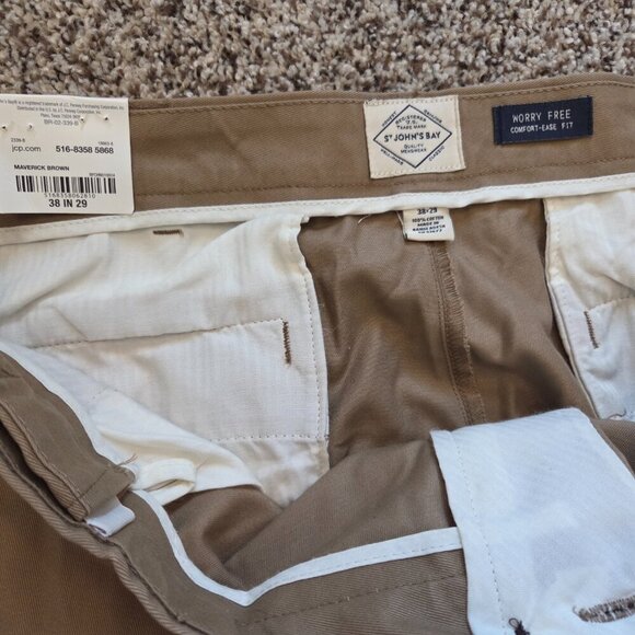 St. Johns Bay Worry Free Chino Pants Mens 38X29 Tan Comfort Ease Fit NEW NWT - Picture 7 of 8